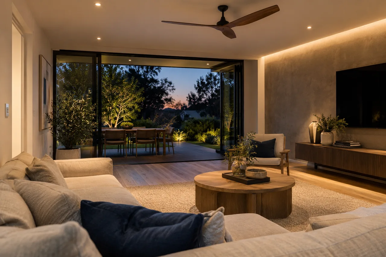 Australian living room with LED lighting and a ceiling fan