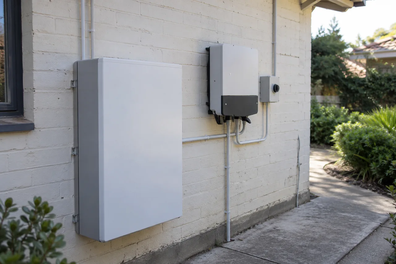 a home battery and inverter on a utility wall
