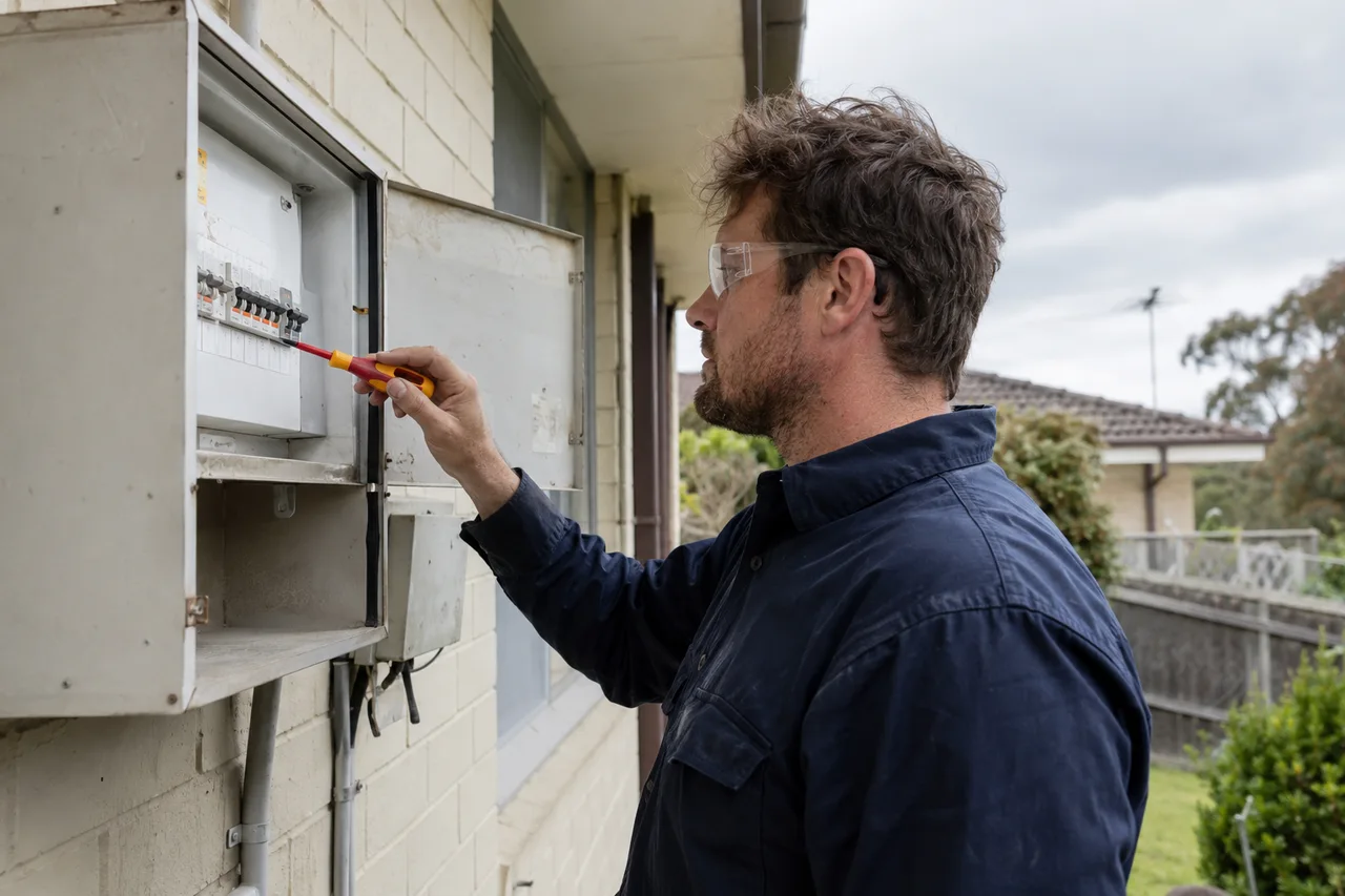 an electrician inspecting a domestic switchboard