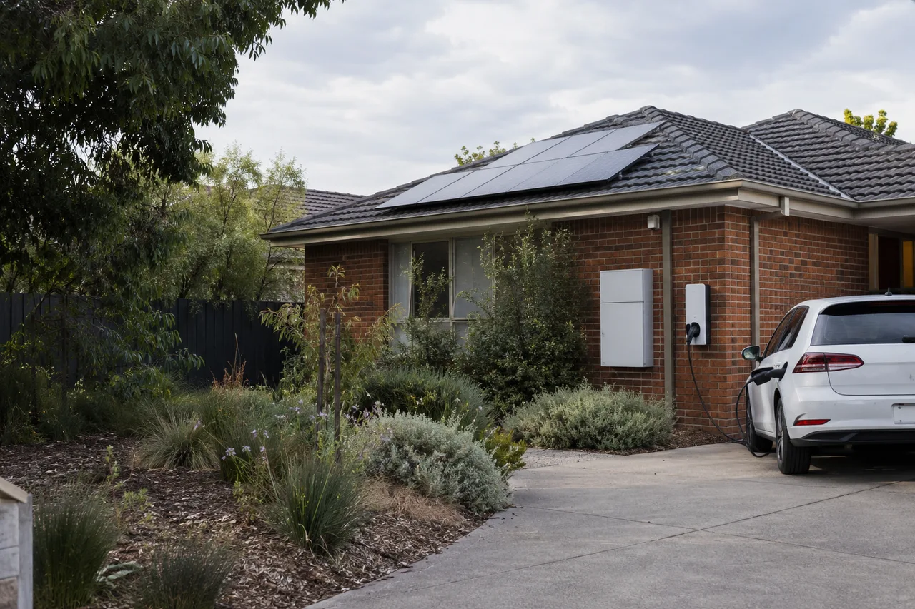 a suburban Melbourne home with solar panels, battery storage and EV charging