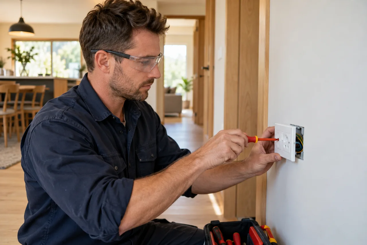 electrician fitting a power outlet in a home