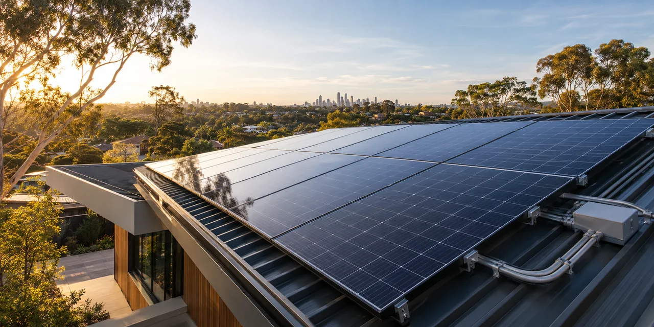rooftop solar panels overlooking a Melbourne suburb
