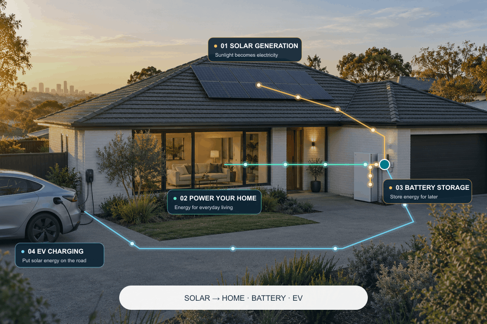 Solar panels generate electricity that flows through the inverter to power the home, charge battery storage and charge an electric vehicle.
