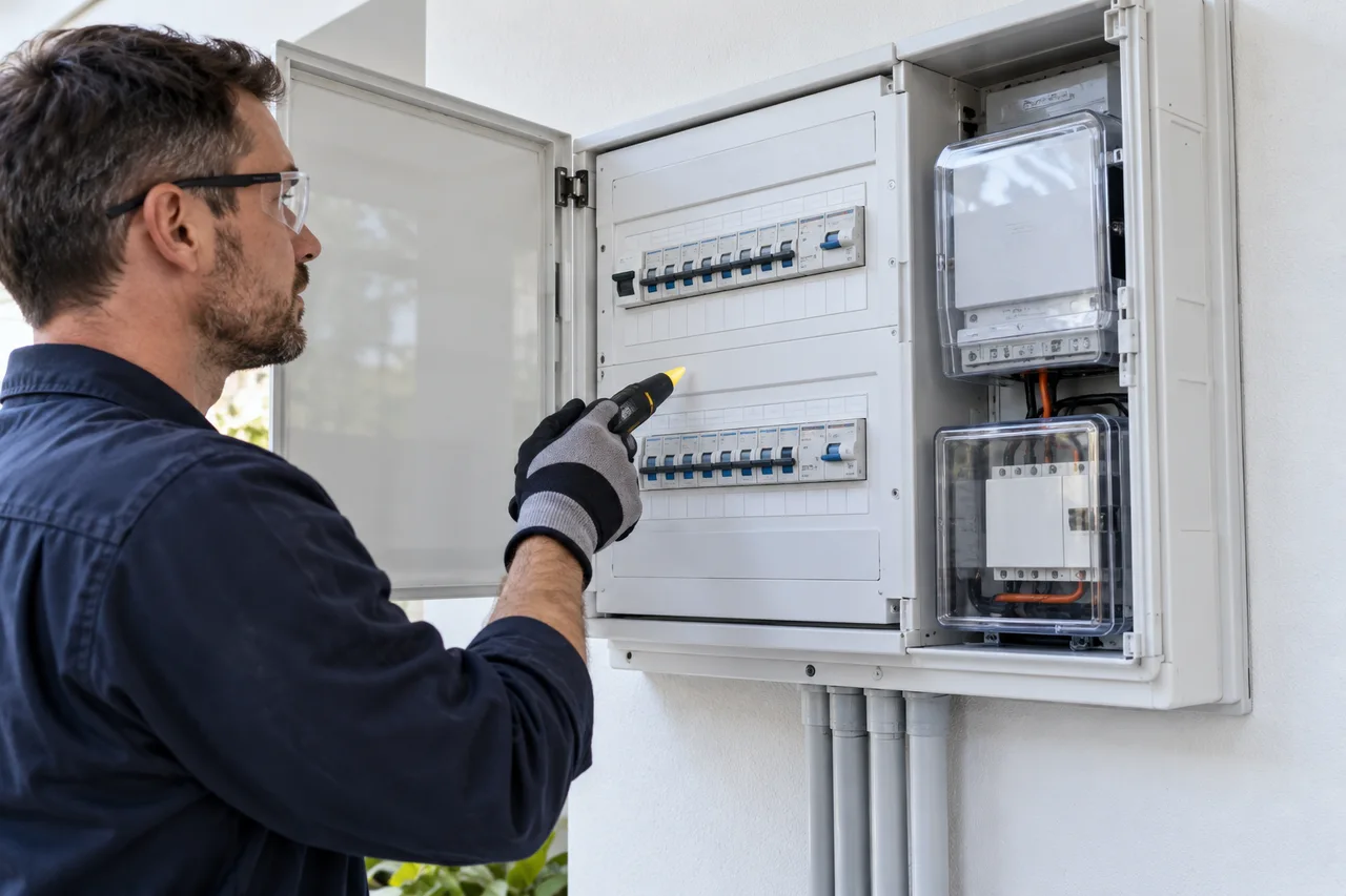 electrician inspecting a modern switchboard